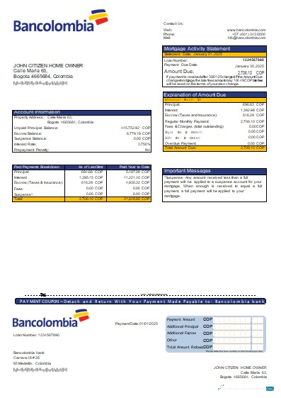 Download Colombia Bancolombia bank mortgage statement scr Photoshop template